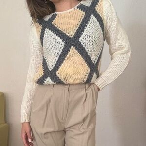 Vintage 80s Hand Knit Diamond / Checkered Sweater
